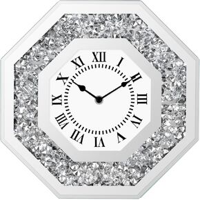 14 Inch Crystal Crushed Diamond Mirrored Wall Clock - Sparkle Twinkle Bling Wall Clock Silver Round Clock for Living Room, Bedroom, Home Decor, Silent Non-Ticking Quartz Movement