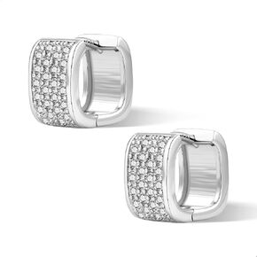 925 Sterling Silver Earrings for Women 14K Gold Plated Hoop, ALEXCRAFT Small Chunky Silver Earring for Trendy Women Cubic Zirconia Square Hoops Hypoallergenic Thick Huggie Earings