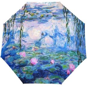 Folding Monet Water Lilies Painting Travel Umbrella Windproof Automatic Compact Rain Travel Umbrella,Lightweight,Auto Open/Close