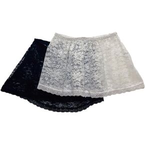 2-Pack Women Floral Lace Half Slip Skirt Elastic Waist Sheer Mini Skirts for Layering Underskirt Shirt Extender