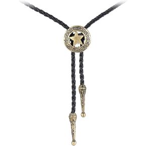 AZORA Native American Western Cowboy Bolo Tie Gold Star Disc Leather Necktie Cord Bola Tie for Women Men