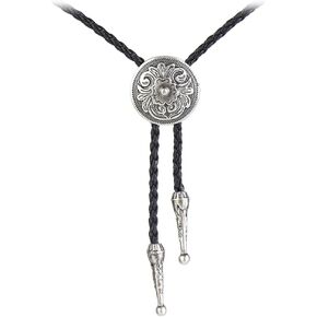 AZORA Bolo Tie for Handmade Round Flower Shape Mens Bolo Tie Silver Flower Rodeo Leather Necktie Bolo Necklace