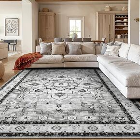 LBRO2M Boho Area Rug 8X10 Washable Rugs for Bedroom Low Piles Indoor Rugs, Non Slip Soft Carpet for Living Room, Dining Room, Gray Rug Foldable Pet Friendly Area Rugs Stain Resistant (8'X10' Gray)