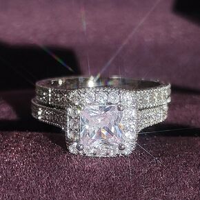 925 STERLING SILVER اثنين في خاتم زواج زركونيا مزدوج الطبقات واحدة للنساء ، مجموعة خاتم الزواج HALO ، خاتم الفولاذ المقاوم للصدأ للرجال والنساء من التيتانيوم 7 قطعة 7