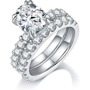 Bo.Dream Wedding Ring Sets for Women, 3ct Oval Cut Cubic Zirconia, Platinum Plated 925 Sterling Silver Engagement Ring Set (Total 4.6cttw)