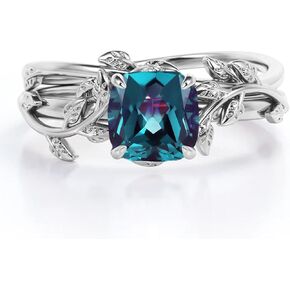 Cushion Cut Gemstone Engagement Rings Set for Women 925 Sterling Silver 8MM Amethyst Leaf Ring Unique Bridal Wedding Rings Size 4-11