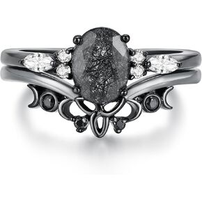 Oval Natural Black Rutilated Quartz Celtic Knot Bridal Wedding Ring Sets with Black Gold or Platinum Plated 925 Sterling Silver, Irish Gothic Engagement Rings and Spinel Trinity Annversary Band Size 4-9