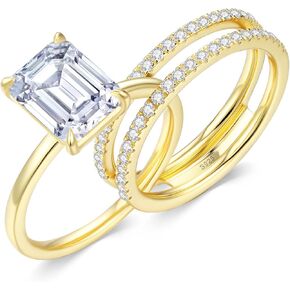 3.5CT Moissanite Bridal Ring Sets for Women D Color VVS1 Clarity Emerald Cut Lab Created Diamond Wedding Ring Sets S925 Sterling Silver with 9K Gold Plated Engagement Rings for Her Size 4-9