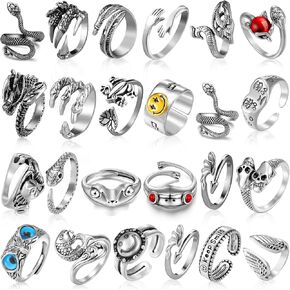 Hicarer 24 Pieces Gothic Rings Set Adjustable Open Rings Vintage Animal Frog Snake Open Rings Cool Punk Gothic Stackable Ring Jewelry for Couples Men Women(Classic Style)