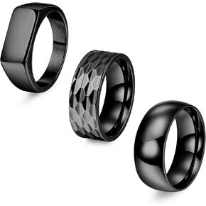 Resolia 3pcs خواتم الفولاذ المقاوم للصدأ للرجال 8 ملم خاتم الزفاف مربع خواتم Square Signet Rings Silver Silver Ring Simple Mens Band Rings Gold/Black/Silver Size 7-13