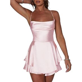 Women Stain Cami Romper Dress Sleeveless Cowl Neck Backless Cross Tie-Up Playsuits Sexy Ruffle Jumpsuits