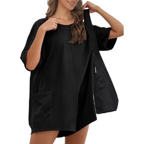 Buauty Women Summer Oversized Jumpsuit Romper,Athletic Workout Short Sleeve Overalls,Trendy Casual Baggy Tee Outfits