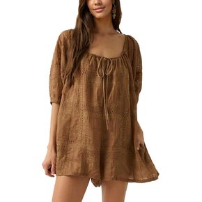 Womens Eyelet Romper Loose Fit Summer Breathable Warm Weather culottes Casual Outfit Hollow jumpsuit(Brown-S)