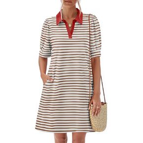 ZESICA Women's Summer Casual Striped Mini Dresses 2025 Lapel V Neck Short Sleeve Flowy A Line T Shirt Dress