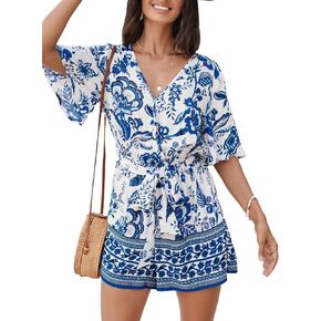CUPSHE Women's Romper Woven Surplice neckline Short sleeves Waist tie Wide leg Outfit Casual Dressy
