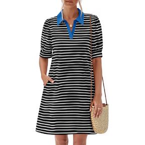 ZESICA Women's Summer Casual Striped Mini Dresses 2025 Lapel V Neck Short Sleeve Flowy A Line T Shirt Dress in Saudi Arabia