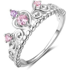 925 Sterling Silver Princess Heart Crown Pink & Purple CZ Band Ring ، Size 6 7 8