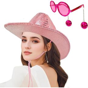 Disco Ball Western Cowboy Hat with Disco Sunglass, Sparkly Mirrored Cowgirl Hat for Women Men Costume Cosplay Party