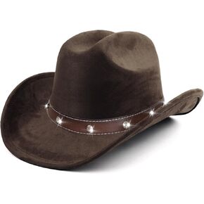 Women Men Cowboy Hat - Western Rhinestone Cowboys Hats Felt Small Wide Brim Cattleman Rodeo Ladies Cowgirls Hat