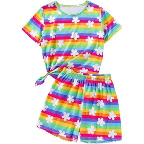 MakeMeChic Girl's 2 Piece Outfit Striped Rainbow Floral Crew Neck Tee Top and Shorts Matching Set