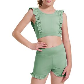 Girls 2 Piece Outfits Athletic Ruffle Short Sets Training Bra Crop Tank with High Waisted Dance Shorts 3-10Years