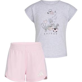 adidas Girls Graphic Heather Tee Shirt and Mesh Short Set