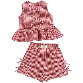 MakeMeChic Girl's 2 Piece Outfits Gingham Print Bow Knot Tank Tops and Shorts Matching Set