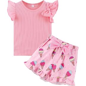 Girls 2 Piece Short Set Baby Girl Summer Clothes Ruffle Sleeve T-Shirt and Bow Knot Shorts Toddler Girl Outfit Set