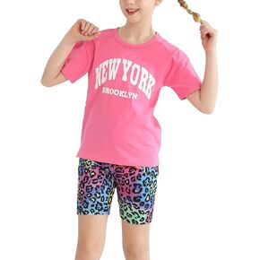 mksodop Girls Summer Clothse Graphic Letter Print Front and Back High and Low Irregular T-shirt + Cycling Shorts Set