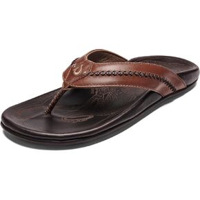 OLUKAI Mea Ola Men's Leather Beach Sandals, Soft & Durable Flip Flops, Arch Support & Comfort Fit, Enhanced Grip & Traction