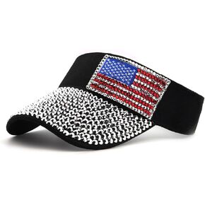 Sparkling Rhinestone American Flag Sun Visor Hat USA Flag Visor Bling Patriotic Hat for Women 4th July