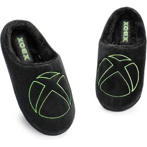 Xbox Slippers for Men Gaming Logo Slip On Mules in Black Velour Console Fur Lined House shoes Adult Indoor Footwear