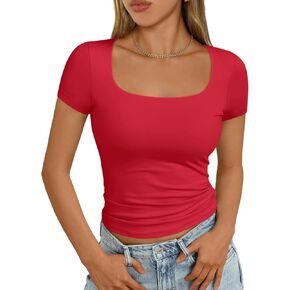 AUTOMET Womens Short Sleeve T Shirts Double Lined Square Neck Going Out Crop Tops Summer Cute Clothes Basics Tees