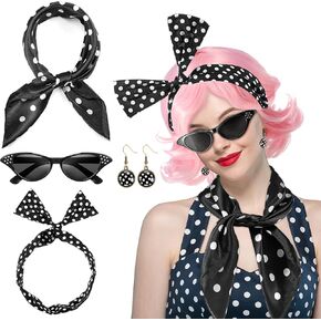 Crowye 5 PCS 1950's Women Costume Assories تشمل الباروكة Pink Curly ، وشاح الشيفون ، ونظارات شيفون Cat Eye ، وعصابة Bandana Tie ، وأقراط Polka Dot for Cosplay Party Up