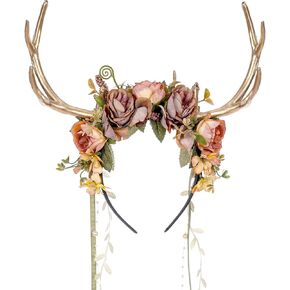 MOSTORY Woodland Flower Antler Headband - Fairy Reindeer Headpiece with Vines for Renaissance Accessories Women Cosplay