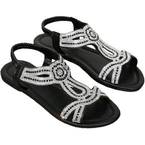 SweatyRocks Women's Rhinestone Open Toe Flat Sandals Elastic Ankle Strap Beach Shoes