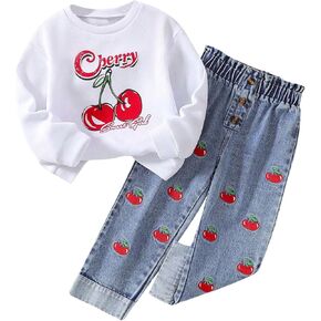 Toddler Girl's 2 Piece Outfits Cherry Graphic Crewneck Sweatshirt and Tapered Denim Jeans Clothing Set