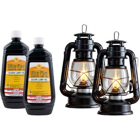 Lamplight Emergency Lighting Kit– 2 Indoor Hurricane Oil Lamps & 2 Bottles of 32 oz. Ultra-Pure Paraffin Lamp Oil (Sootless, Smokeless, Odorless) – Emergency Prep Kit for Power Outages & Preparedness