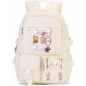 Kawaii Backpack for Teen Girls, Cute Aesthetic High Middle School College Bookbag with Accessories, Beige