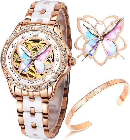 OLEVS Women Watches Automatic Rose Gold Diamond Skeleton Luminous Elegant Colorful Butterfly Stainless Steel Ceramic Strap Butterfly Gift Set for Ladies in Kuwait