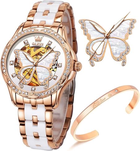 OLEVS Women Watches Automatic Rose Gold Diamond Skeleton Luminous Elegant Colorful Butterfly Stainless Steel Ceramic Strap Butterfly Gift Set for Ladies in Kuwait