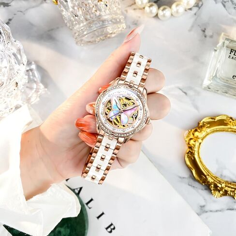 OLEVS Women Watches Automatic Rose Gold Diamond Skeleton Luminous Elegant Colorful Butterfly Stainless Steel Ceramic Strap Butterfly Gift Set for Ladies in Kuwait