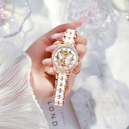 OLEVS Women Watches Automatic Rose Gold Diamond Skeleton Luminous Elegant Colorful Butterfly Stainless Steel Ceramic Strap Butterfly Gift Set for Ladies in Kuwait