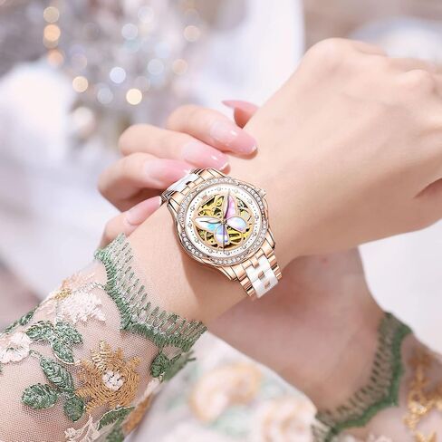 OLEVS Women Watches Automatic Rose Gold Diamond Skeleton Luminous Elegant Colorful Butterfly Stainless Steel Ceramic Strap Butterfly Gift Set for Ladies in Kuwait