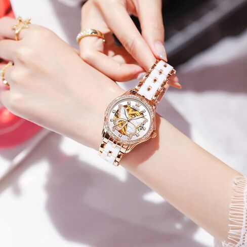 OLEVS Women Watches Automatic Rose Gold Diamond Skeleton Luminous Elegant Colorful Butterfly Stainless Steel Ceramic Strap Butterfly Gift Set for Ladies in Kuwait