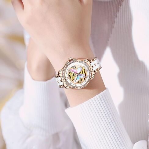 OLEVS Women Watches Automatic Rose Gold Diamond Skeleton Luminous Elegant Colorful Butterfly Stainless Steel Ceramic Strap Butterfly Gift Set for Ladies in Kuwait