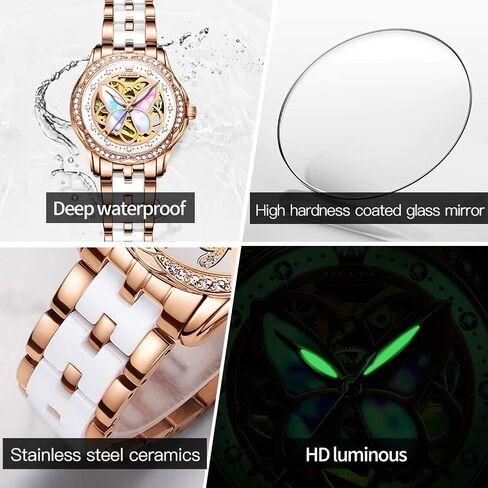 OLEVS Women Watches Automatic Rose Gold Diamond Skeleton Luminous Elegant Colorful Butterfly Stainless Steel Ceramic Strap Butterfly Gift Set for Ladies in Kuwait