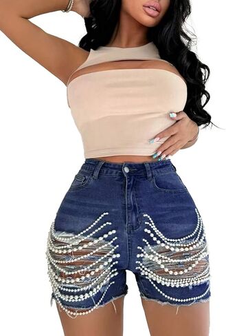 Unybwonn Denim Shorts Women Ripped Cutout Pearls Chain Jean Shorts Rhinestone Stretchy Distressed Raw Hem Tassels Shorts in Kuwait