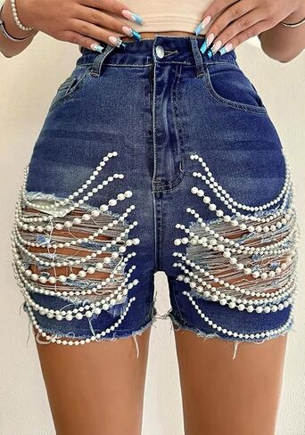 Unybwonn Denim Shorts Women Ripped Cutout Pearls Chain Jean Shorts Rhinestone Stretchy Distressed Raw Hem Tassels Shorts in Kuwait