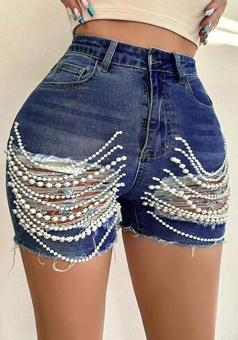 Unybwonn Denim Shorts Women Ripped Cutout Pearls Chain Jean Shorts Rhinestone Stretchy Distressed Raw Hem Tassels Shorts in Kuwait